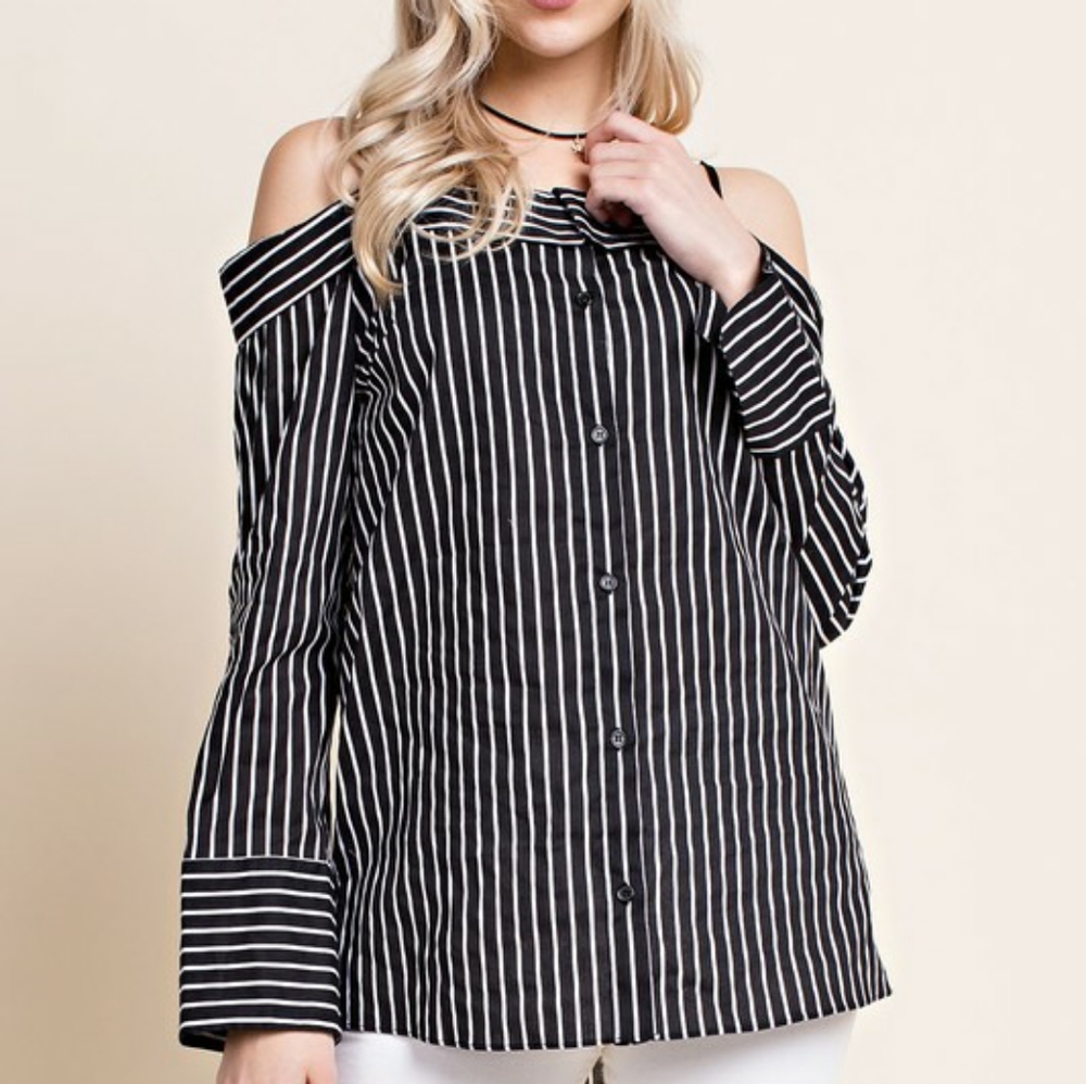 Off the shoulder black and white